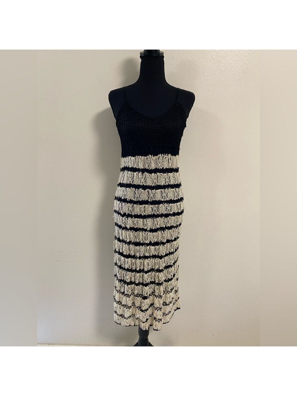 Free People Dress Womens Size Medium Black Ivory Crochet Lace Vintage Midi Dress